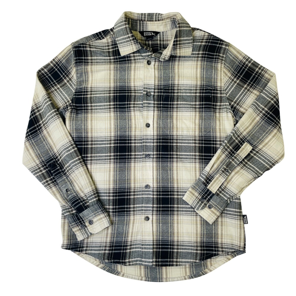 Eddie Bauer Mens Small Flannel Shirt Black White Tan Plaid Long Sleeve Button Up